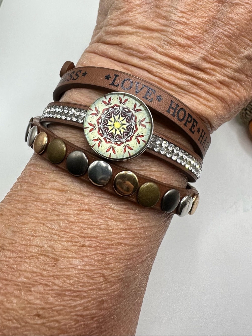 Western Cowgirl Brown Leather Wrap Bracelet w/ rhinestones, studs & 18mm Snap!